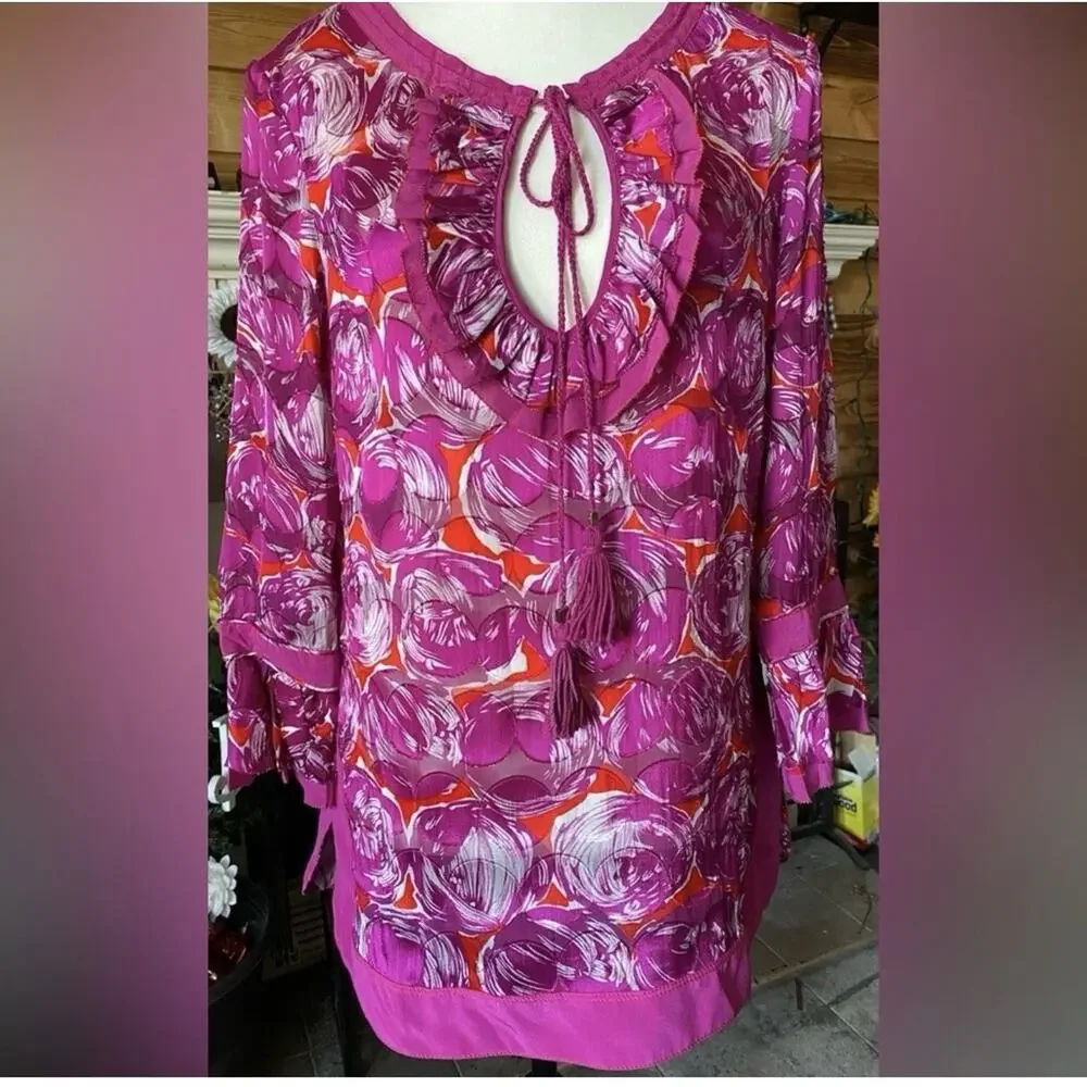 Tory Burch Silk Sheer Tassel Tunic Blouse Pink Purple Boho Resort Top Sz 4
